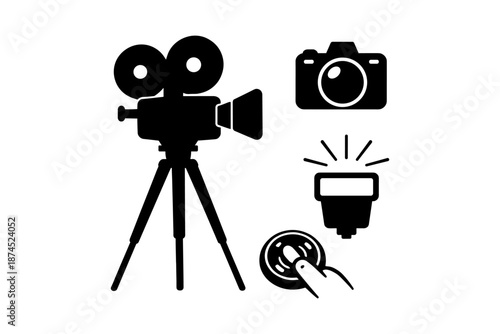 Classic camera equipment icons: vintage film camera, dslr, flash, and lens silhouettes