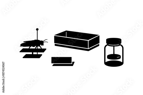 Silhouette of entomology tools with insect specimen display