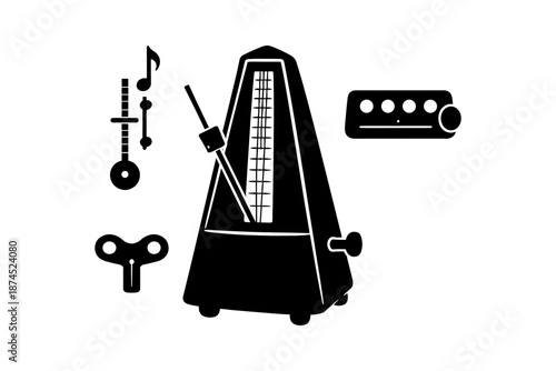 Classic metronome and musical elements in black and white silhouette design