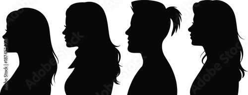 Female profile silhouette, hairstyle variety, black vector, woman head shape, side view, ponytail, curly hair, identity design, elegant outline, portrait icon
