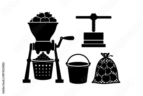 Silhouette apple cider making equipment set with crusher and press