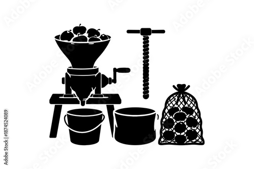 Silhouette of apple cider vinegar making equipment with apples and press
