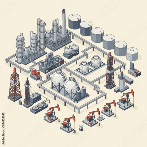 Isometric illustration of an industrial oil refinery complex with various facilities and equipment.