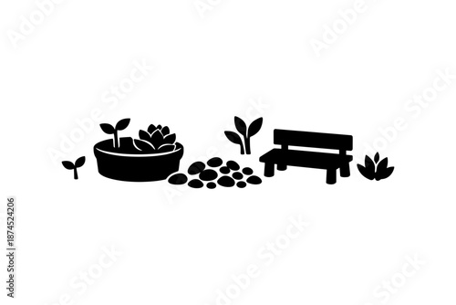 Silhouette garden elements with bench and plants for outdoor design