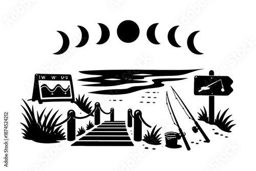 Moon phases and beach fishing scene with tidal chart and gear