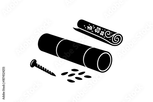 Silhouette of lip balm, decorative rolling pin, screw, and seeds