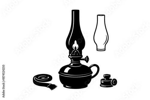 Vintage oil lamp with flame and spare chimney in black and white silhouette style
