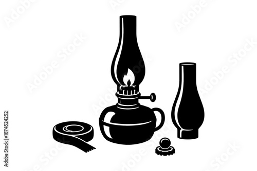 Vintage oil lamp with replacement parts and wick in black silhouette style
