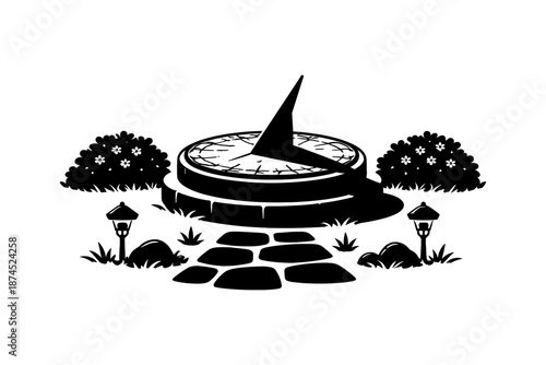 Vintage sundial garden scene with pathway and lanterns