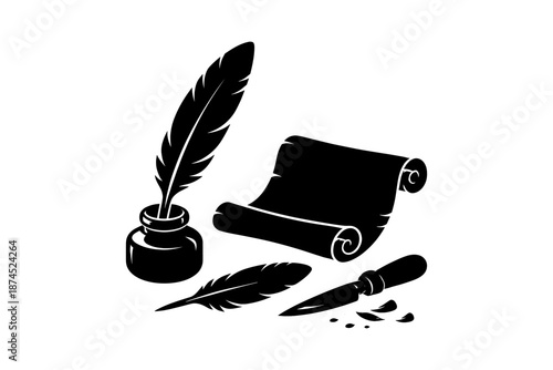 Silhouette of feather quill with ink bottle and scroll