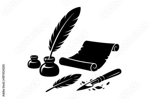 Silhouette of quill and inkwell with scroll and pen on white background