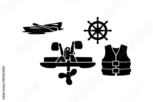 Silhouette of boating equipment: canoe, wheel, pedal boat, life jacket
