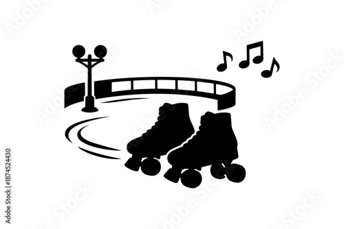 Retro roller skating silhouette in urban park setting with musical notes