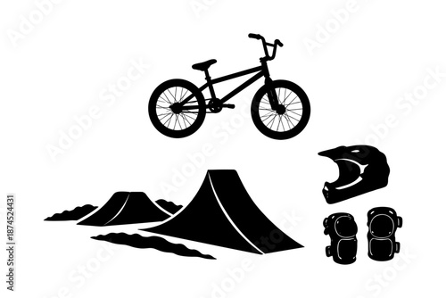 Silhouette of bmx bike with gear and ramps for extreme sports enthusiasts