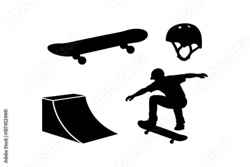 Silhouette of skateboarder with ramp, helmet, and board