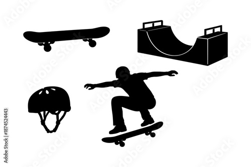 Silhouette of skateboarding elements: athlete, ramp, board, and helmet