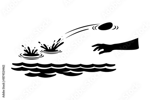 Silhouette of hand skipping stone across water waves