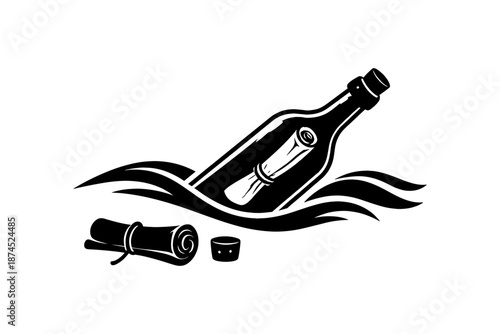 Vintage message in a bottle silhouette on ocean waves with scroll elements