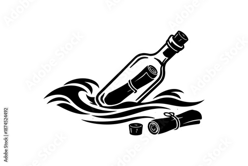 Silhouette message in a bottle with rolling waves and scroll