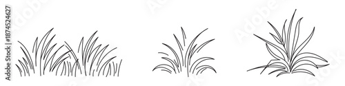 Grass line doodle. Outline grassland or meadow sketch, simple field design. Black grass brush stroke hand drawn texture for garden pattern or lawn. Herb marker vector isolated element
