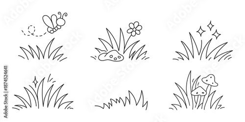 Doodle bunch of grass. Hand drawn lawn bush of grass icon hand drawn set. Outline grass line drawing clipart symbol collection