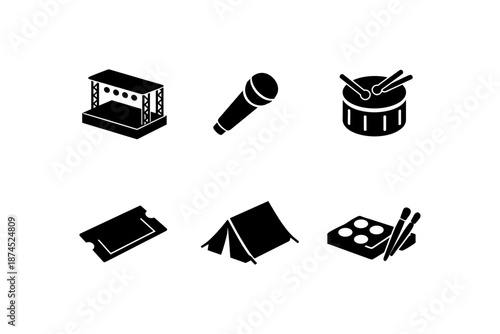 Set of camping and music icons in bold silhouette style