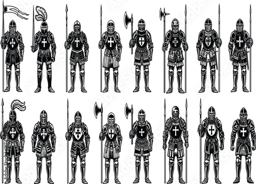 Medieval knight silhouette vector illustration with crusader armor, weapons, flags, historical battle scene, black and white military warrior design