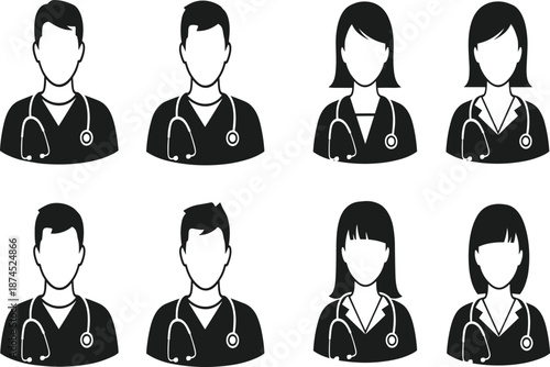 Medical professional icons, male and female doctors, healthcare team illustration, stethoscope, hospital staff, black and white, medical clipart, diverse