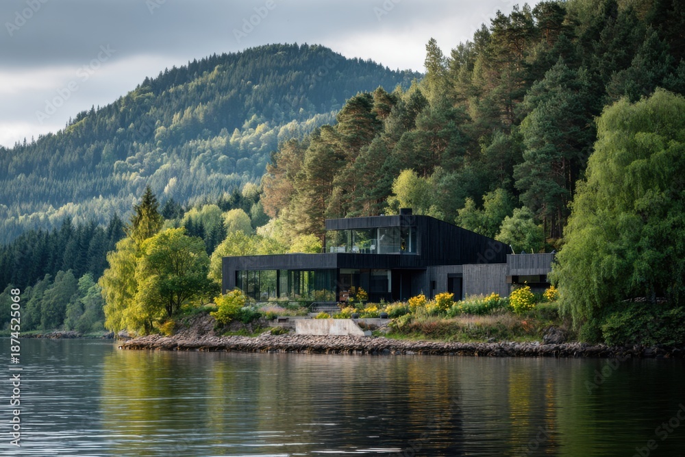 Obraz premium A picturesque mountain house sits by a serene lake, embraced by lush trees and rolling hills, captured beautifully in the daytime with fluffy clouds above