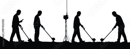 Metal detector silhouettes with tripod device, archaeology search, treasure hunting, security scanning, exploration teamwork, occupational safety, vector illustration