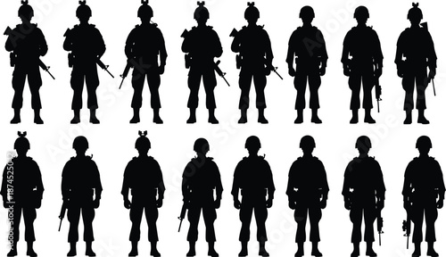 Military silhouettes, soldier formation, tactical gear, army personnel, battlefield readiness, combat stance, defense force, war preparation, helmeted troops, rifle units