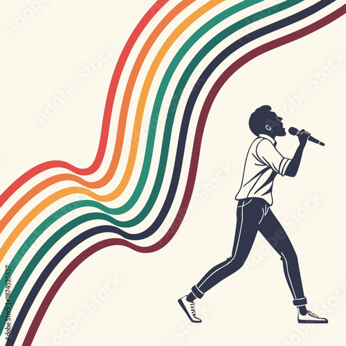 Dynamic singer performing with colorful wavy lines background