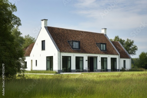 White house with brown roof sits in green field under blue sky, surrounded by trees, showing modern architecture in rural area during daytime