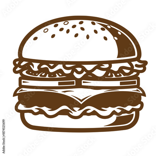 Brown hamburger with sesame seed bun and two patties isolated on white background