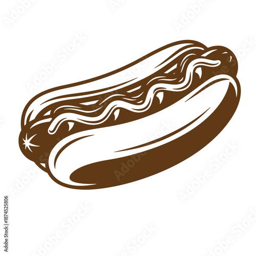 Brown hot dog with wavy lines on top isolated on white background  a tasty sausage in a bun