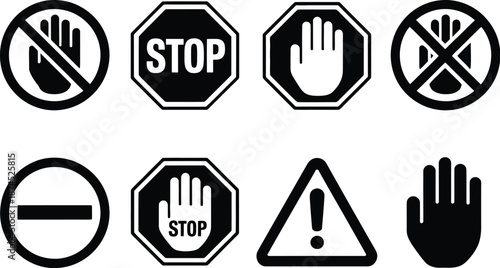 Collection of various black and white traffic and warning signs