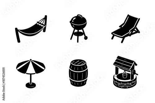 Outdoor leisure elements in black silhouette style for summer fun