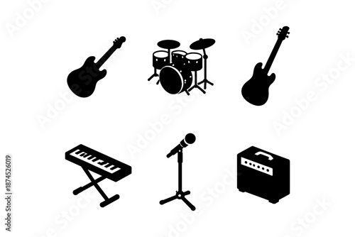 Silhouette musical instruments set with guitar, drums, and microphone