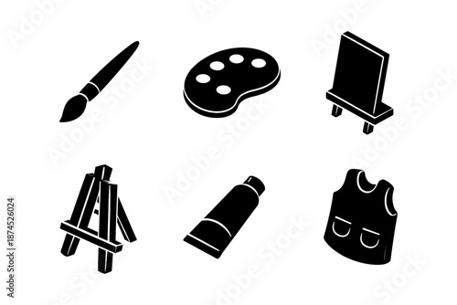 Black paintbrush and easel icons on white background
