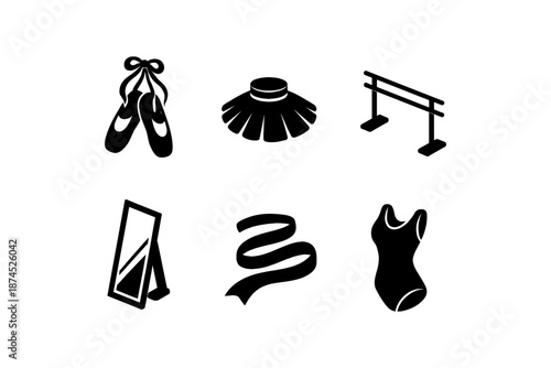 Minimalist ballet icons collection: pointe shoes, tutu, barre, mirror, ribbon, leotard