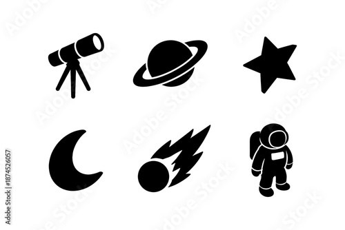 Space exploration silhouettes: telescope, astronaut, planets, moon, star, comet icons