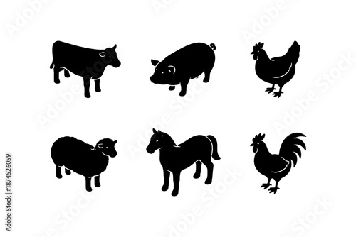 Silhouette of farm animals: cow, pig, chicken, sheep, horse, rooster