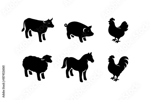 Silhouette farm animals: cow, pig, chicken, sheep, horse, rooster on white background