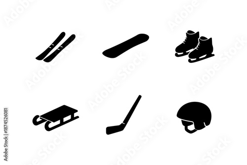 Winter sports equipment silhouettes: ski, snowboard, ice skates, sled, hockey stick, helmet