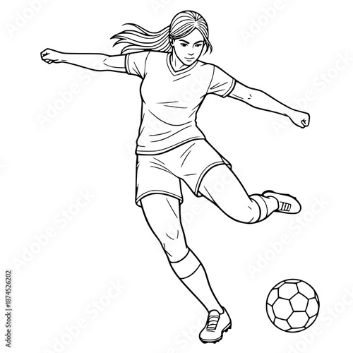 Black and white line art illustration of a female soccer player captured in mid-action as she kicks a soccer ball