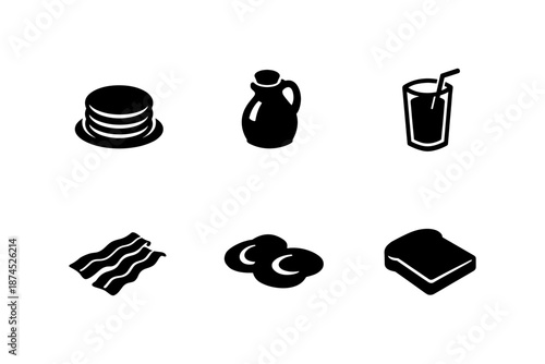Breakfast icons set: pancakes, syrup, juice, bacon, eggs, toast in black silhouette style