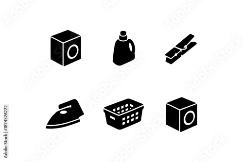 Essential laundry silhouettes: washing machine, detergent, and iron icons