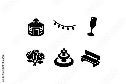 Garden silhouette icons: gazebo, fairy lights, champagne, roses, fountain, bench