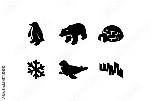 Silhouette icons of arctic wildlife and landscape elements
