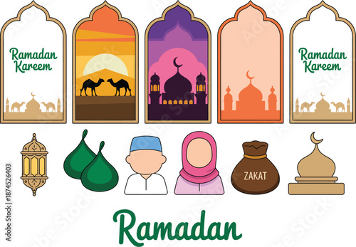 Ramadan Kareem Islamic Festival Decorations and Islamic Symbols